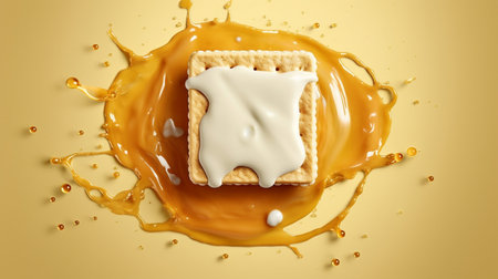 3d rendering of a tasty square cracker with a glass of milk on a yellow backgroundの素材