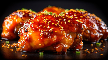 Grilled chicken wings with sesame seeds on a black background.の素材