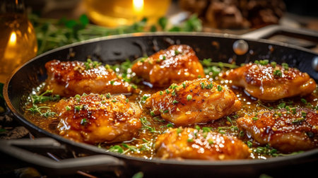 baked chicken wings with honey and thyme in a frying panの素材