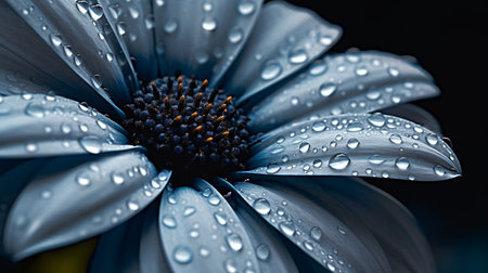Close up of a beautiful blue daisy flower with water drops.の素材