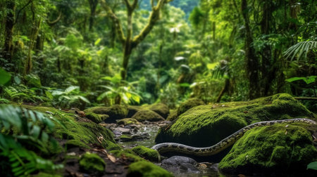 Beautiful green forest with big snake in the middle of the streamの素材