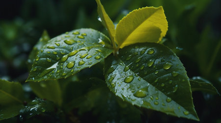 Green leaves with water drops, close-up. Nature background.の素材