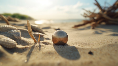 Gold ball on the beach. Selective focus on the ball.の素材