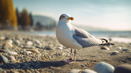 Seagull standing on a pebble beach on a sunny dayの素材
