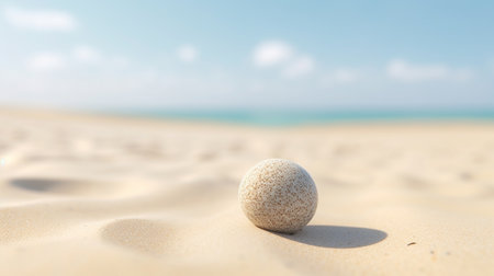 White ball on the sandy beach with blue sea and sky background.の素材