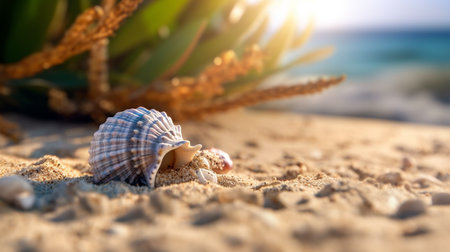 Seashell on the sand against the background of the sea.の素材