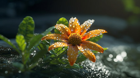 Beautiful orange flower with dew drops on it. Close-upの素材