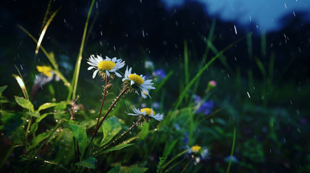 Daisies in the rain on a background of green grass.の素材