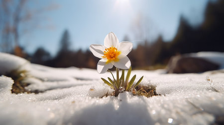 White daffodil flower in the snow with sun rays.の素材