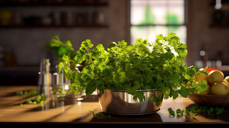 Fresh herbs in a bowl on the table in the kitchen at homeの素材