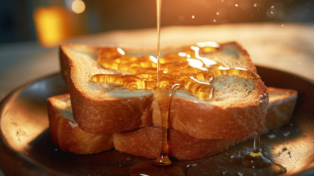 Honey dripping from toasted bread, closeup. Breakfast conceptの素材