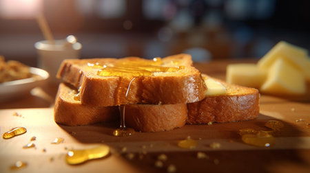 French toast with honey and butter on wooden table in cafe, closeupの素材