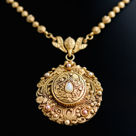 gold pendant on black background close-up, shallow depth of fieldの素材