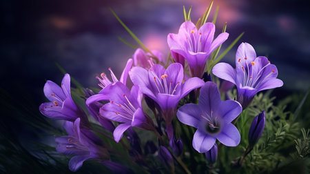 Bouquet of purple crocuses on a background of green grassの素材