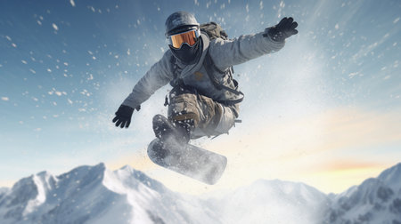 Snowboarder jumping against blue sky with white clouds 3D renderingの素材