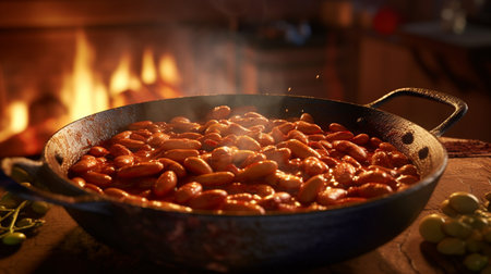 Baked beans in a frying pan on a background of a fireplaceの素材