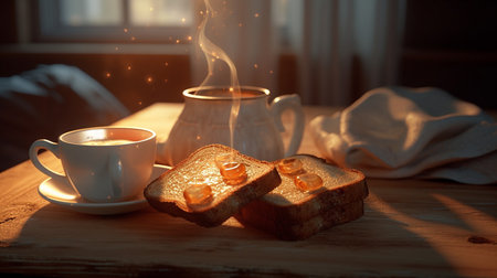 Two cups of coffee and toast with butter on a wooden table in the sunlightの素材