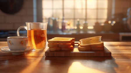 Two cups of tea and bread on a wooden table in a cafeの素材