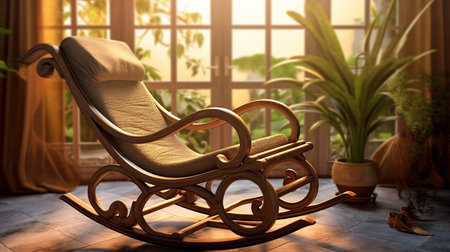 3D render of a rocking chair in the living room at sunsetの素材