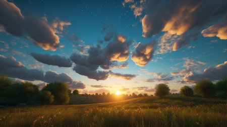 Beautiful sunset over the meadow. Nature composition. 3d renderの素材