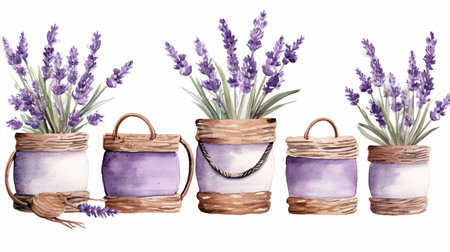 Watercolor lavender flowers in pots. Hand drawn illustration isolated on white backgroundの素材