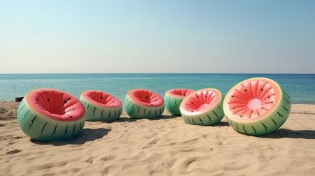 Watermelon on the beach. Summer vacation concept. 3d renderingの素材
