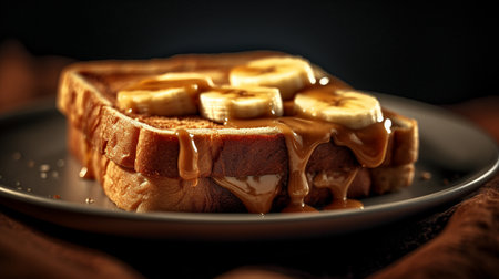 Delicious toasted bread with caramel sauce and banana on dark backgroundの素材