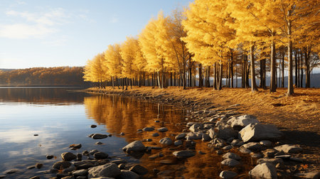 Beautiful autumn landscape with yellow trees on the shore of the lakeの素材