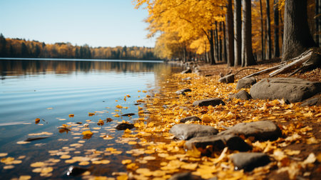 Beautiful autumn landscape with lake and yellow leaves on the shore.の素材