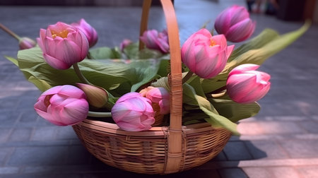 Basket with pink tulips on the background of a brick wallの素材