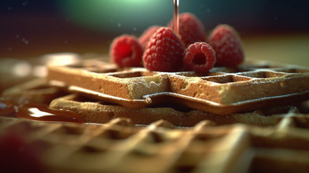 Belgian waffles with raspberries and honey, close upの素材