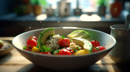 Salad with avocado and cherry tomatoes in a bowl on the kitchen tableの素材