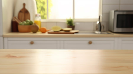Empty wooden table and blurred kitchen interior background, product display montageの素材