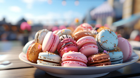 Colorful macaroons in a white plate on a wooden tableの素材
