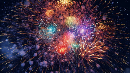 Colorful fireworks of various colors over night sky. Abstract background.の素材