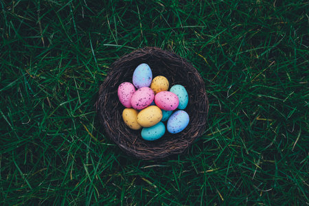 Colorful easter eggs in nest on green grass. Vintage toned