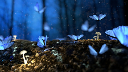 Fantasy forest with butterflies. 3D illustration. Selective focus.の写真素材