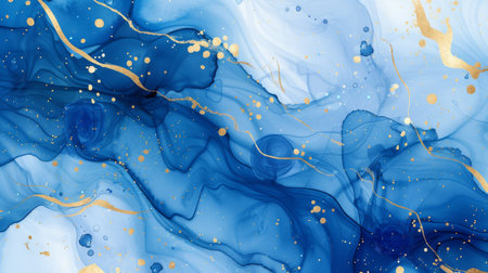 Blue and gold abstract background. Hand drawn alcohol painting with golden streaks.の写真素材