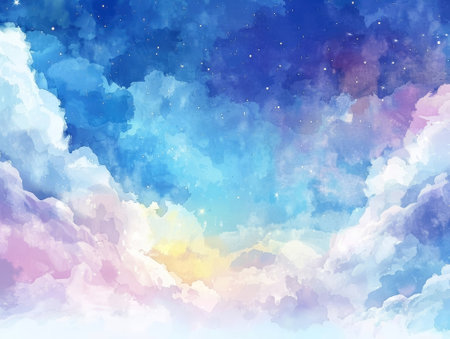 Sky background with clouds and stars. Watercolor illustration for your designの素材