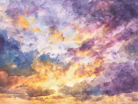 Abstract sky background with clouds and sun rays. Watercolor illustration.の素材