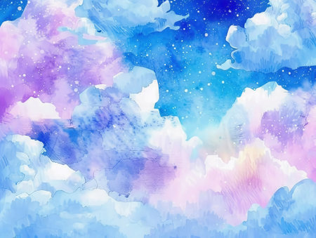 Abstract watercolor background with clouds and stars. Hand-drawn illustration.の素材
