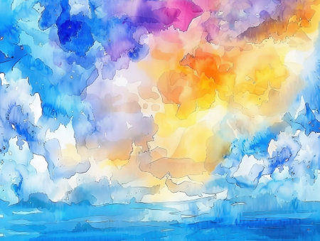 Watercolor abstract background with blue, yellow, orange and purple colorsの素材