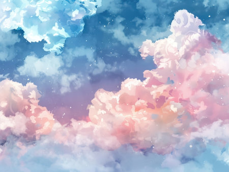 Sky background with clouds and stars in pastel colors. Vector illustration.の素材
