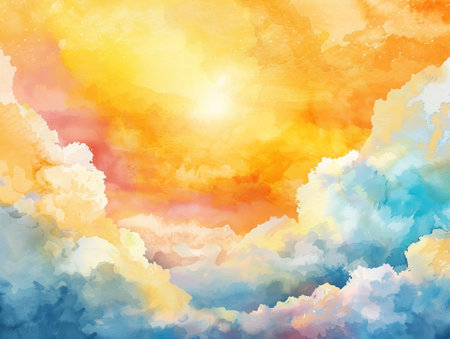 Watercolor sky background with clouds and sun. Hand drawn illustration.の素材