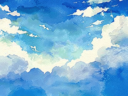 Abstract watercolor background. Blue sky with clouds. Hand drawn illustration.の素材