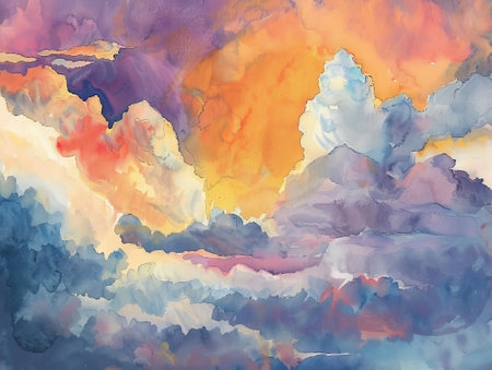 Watercolor background with clouds and sky. Hand-drawn illustration.の素材