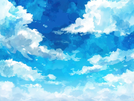 Blue sky with white clouds. Watercolor background. Vector illustration.の素材