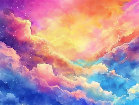 Colorful abstract background with clouds and stars. Hand-drawn illustration.の素材