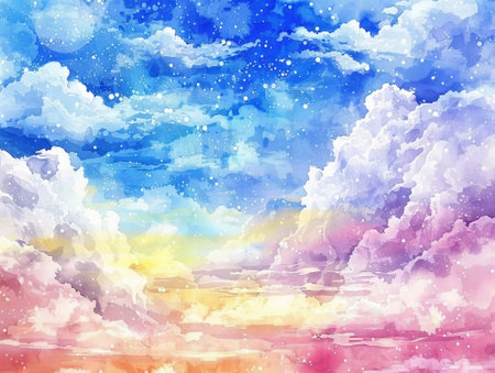 Watercolor sky background with clouds and stars. Watercolor illustration.の素材