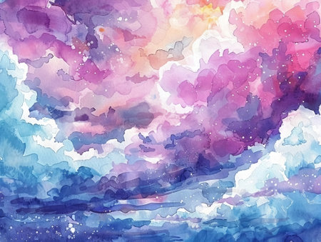 Abstract watercolor background with clouds and stars. Hand-drawn illustration.の素材
